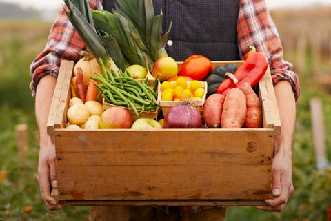 Box of organic fruit and vegetables held by a person, natural wine, organic wine.