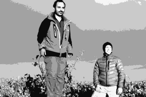 Leo Erazo and Justin Decker, founders of Rogue Vine, standing in their old-vine Itata Valley vineyard at sunset