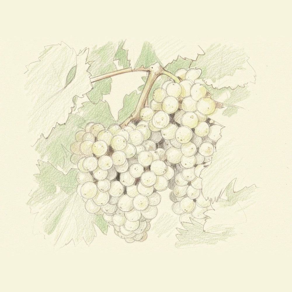 Colored pencil drawing of a bunch of Sauvignon Blanc grapes