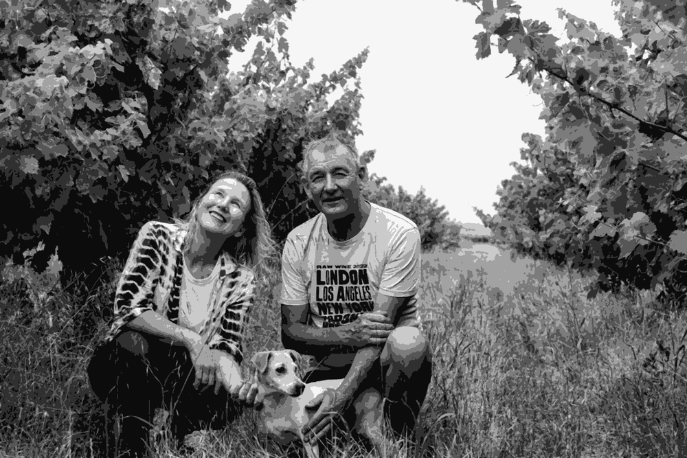 Suzi Hilder and Wayne Ahrens crouching in their Vine Vale vineyard with their dog