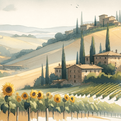 Italian countryside watercolor landscape, natural wine, biodynamic wine, Italian organic wine.