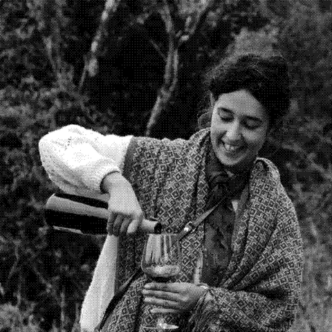 Laura Lees and Arthur Joly of Les Abrigans, natural wine producer in the Corbieres, Languedoc, France, with Laura pouring a glass of red wine in the vineyard