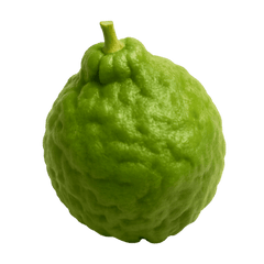 Fresh green bergamot fruit with a textured surface, known for its distinct aroma and culinary uses.