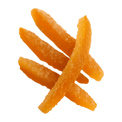 Sweet orange guava fruit strips arranged in a neat stack, showcasing their vibrant color and chewy texture.