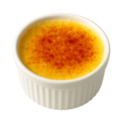 Delicious creamy crème brûlée topped with a caramelized sugar crust in a white ramekin.