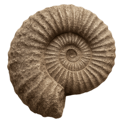 Detailed fossilized ammonite with ridges, showcasing its spiral shell and texture.