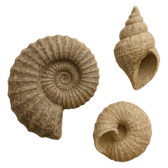 Collection of three detailed seashells in natural shades, showcasing intricate spiral patterns and textures.