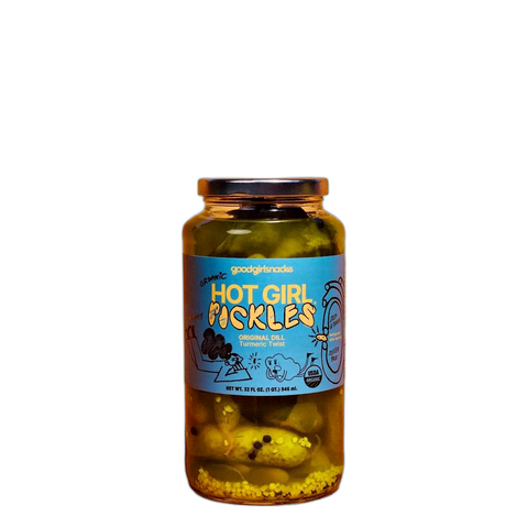 Good Girl Snacks Hot Girl Pickles Original Dill, 32 fl oz jar of organic dill pickles at Primal Wine
