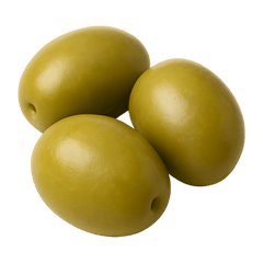 Three green olives with a shiny surface, perfect for salads and Mediterranean dishes.