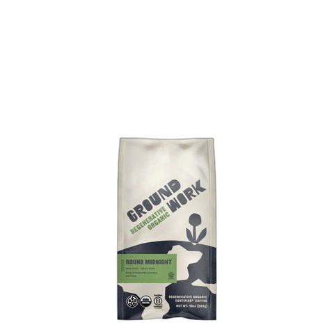 Groundwork Coffee Round Midnight Dark Roast Coffee Beans, bag of whole bean coffee at Primal Wine