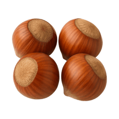 Four whole hazelnuts on a white background, showcasing their smooth brown shells and tan caps.