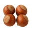 Four whole hazelnuts on a white background, showcasing their smooth brown shells and tan caps.