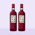 Illustration of two red wine bottles standing on a table, lilac background