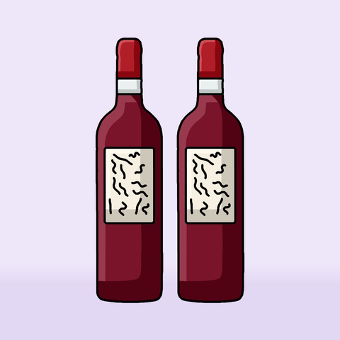 Illustration of two red wine bottles standing on a table, lilac background
