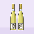 Illustration of two white wine bottles standing on a table, lilac background