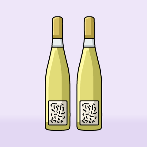 Illustration of two white wine bottles standing on a table, lilac background