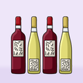 Illustration of four wine bottles, two red and two white, standing on a table, lilac background