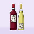 Illustration of a red and a white wine bottle standing on a table, lilac background