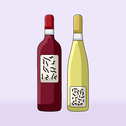 Illustration of a red and a white wine bottle standing on a table, lilac background