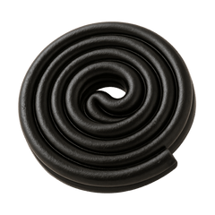 Close-up of a black spiral rubber hose rolled into a coil, ideal for various applications.