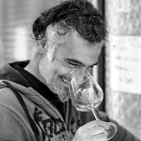 Luigi Stalteri, natural wine producer of Longarico, smelling a glass of wine in his cellar in Alcamo, western Sicily, Italy
