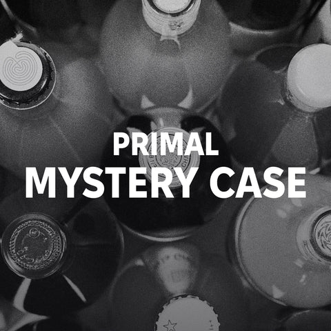 Primal Mystery Case: white text over a black-and-white photo of wine bottles seen from above