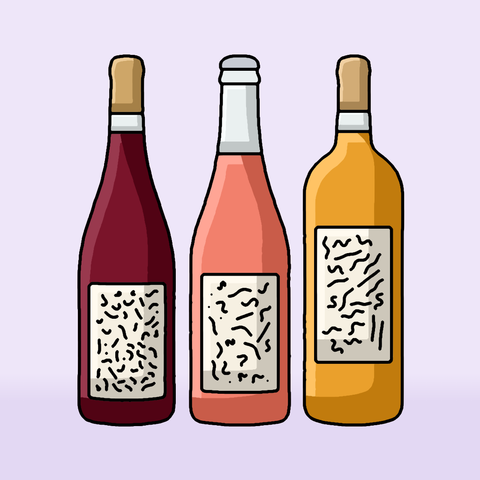 Illustration of three wine bottles standing on a table, lilac background: a chillable red, a pet-nat and an orange wine