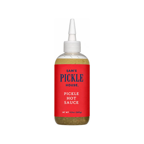 Sam's Pickle House Pickle Hot Sauce, 9.5 oz squeeze bottle of pickle hot sauce at Primal Wine