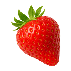 Fresh red strawberry with green leaves on a white background, showcasing its juicy texture and vibrant color.