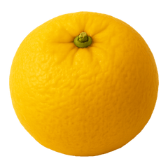 Fresh ripe orange with a textured skin, showcasing vibrant yellow color and green stem at the top.