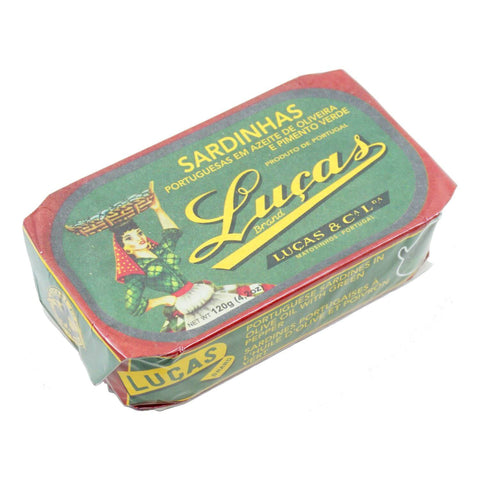 Lucas Sardines in oil with green pepper from Porto, Portugal, offering a unique twist on traditional canned fish