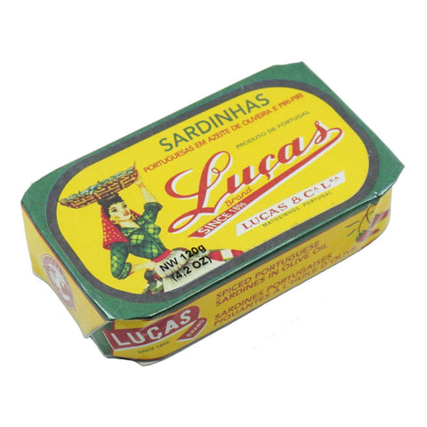 Lucas Sardines in Oil with Piri Piri from Porto, Portugal, featuring spicy canned fish delicacy