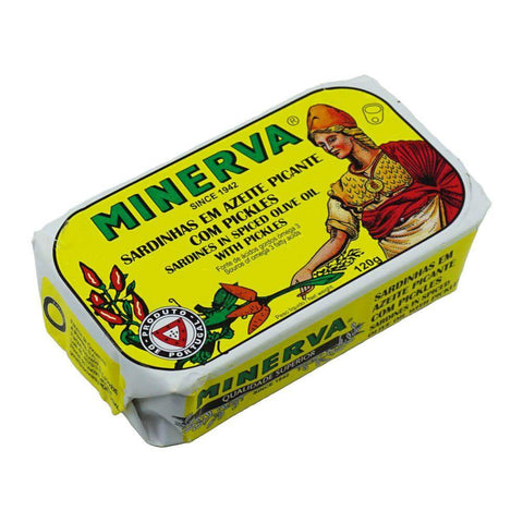 Minerva Spiced Sardines with Pickles, a Portuguese delicacy from Porto, packed in olive oil for a flavorful canned fish experience