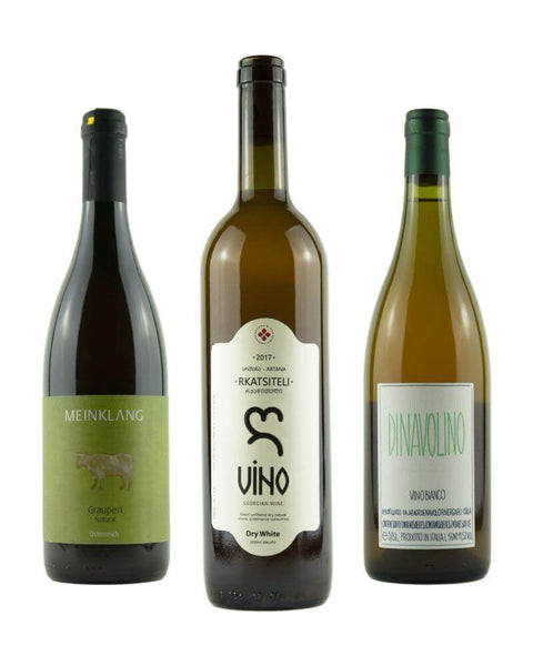 Orange Wine Trio featuring three natural wines curated by Primal Wine, showcasing diverse varietals and regions