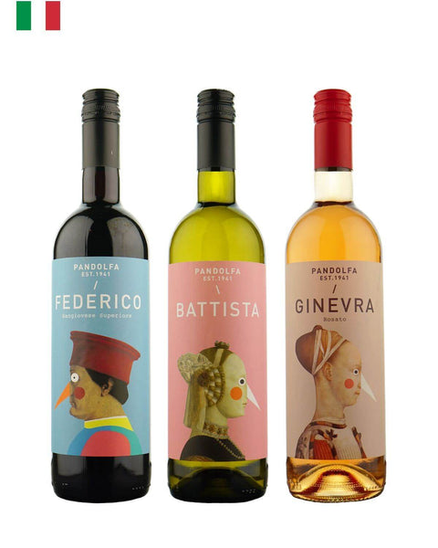 Pandolfa Red White Rosé trio featuring a red, white, and rosé wine from Emilia-Romagna, Italy