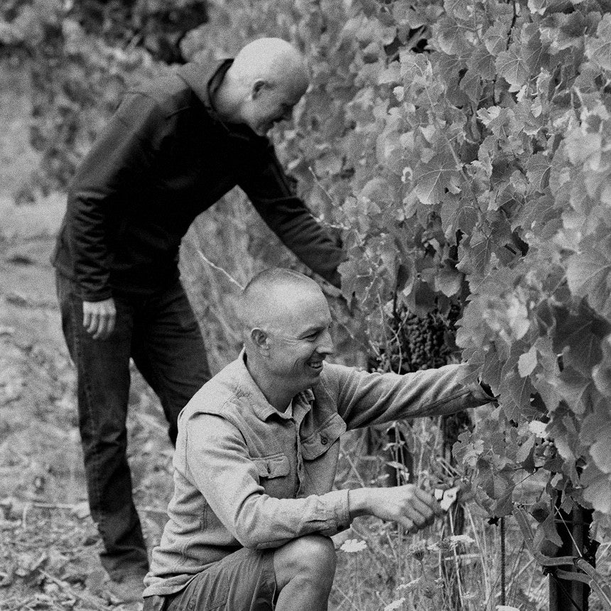 Duncan Arnot Meyers and Nathan Lee Roberts of Arnot-Roberts tasting from barrel in their Sonoma cellar